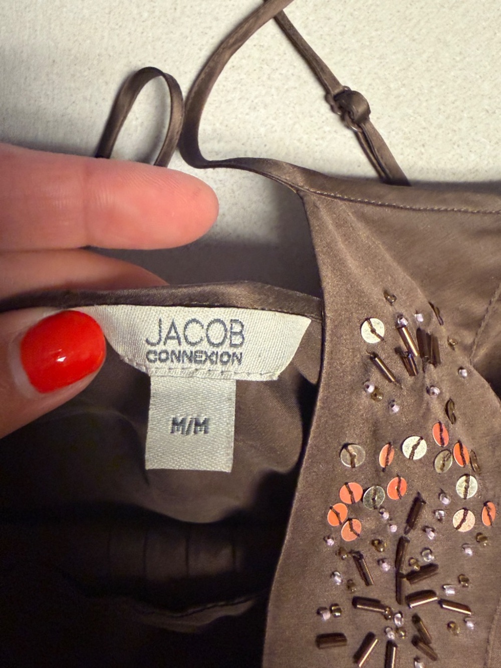 Jacob Connexion Brown Silk Beaded & Sequin Spaghetti Strap Camisole Size Medium - Picture 6 of 8